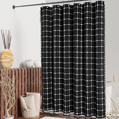 MitoVilla Boho Small Stall Shower Curtain 36 x 72, Narrow Polyester Linen Fabric Shower Curtains for Farmhouse Bathroom Decor, Half Size Cloth Shower Curtain Set with Hooks, Black