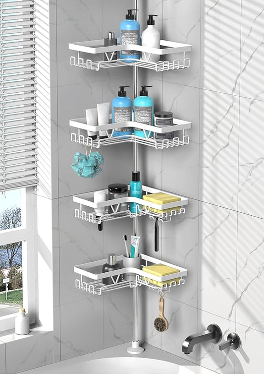 Shower Caddy Tension Pole Corner - Stainless Steel Bathroom Organizer White Tension Rod Shower Shelves for Tub(22-114.2inch), Renter Friendly