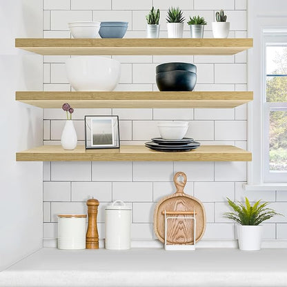Sorbus Floating Shelves for Wall - 35 Inch Long Bathroom Shelves, Wall Decor for Bedroom, Kitchen, Living Room & Book Storage - Mounted Floating Shelf with Invisible Brackets (Maple Wood, 3 Pack)