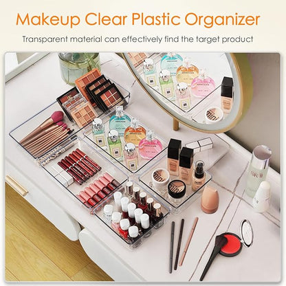 Criusia Drawer Organizer, 10 Pack Large Clear Plast Set, 3 Size Versatile Bathroom and Vanity Organizer Trays, Storage Bins for Makeup, Bedroom, Kitchen Utensils