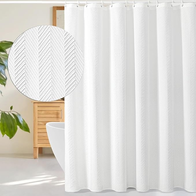 Gibelle Extra Long Shower Curtain 72 x 84, Tall 3D Embossed Textured White Fabric Shower Curtain, Modern Farmhouse Herringbone Decorative Bathroom Curtains Shower Set with Hooks