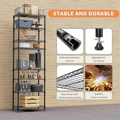 8 Tier 2000 lbs Storage Rack Metal Wire Shelving Unit, Storage Standing Shelf Organizer for Laundry Bathroom Kitchen Pantry Closet Garage Basement Utility Room, Black 13.8" D x 23.6" W x 79.5" H