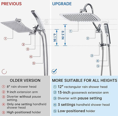 G-Promise All Metal 12 Inch Shower Head with Massage Mode Handheld, Rain Shower Head with Handheld Spray Combo, 3-Way Diverter with Pause Setting, 13 Inch Adjustable Extension Arm (Polished Chrome)