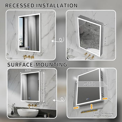 GroGro Lighted Medicine Cabinet with Mirror and Storage,24" W x 30" H LED Bathroom Medicine Cabinet with Mirror,Surface or Recessed Mounting,Defog,Dimming,3-Color Temperature,Left Opening Door
