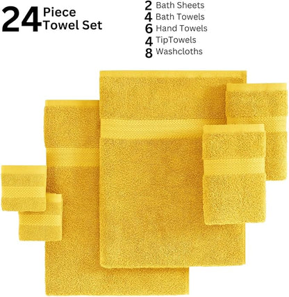 LANE LINEN 100% Cotton Bath Towels Set - 24 PCs - Durable, Quick Dry, Soft & Highly Absorbent - 4 Bath, 4 Fingertip, 6 Hand Towel, 8 Washcloths, 2 Bath Sheets - Remains Fluffy After Washing - Mimosa