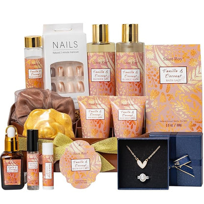 Luxury Gifts for Women, 16 Pcs Spa Gifts for Woman of Coconut Vanilla Scents Skin Care Kit, Facial Kit with Face Day Cream, Night Cream, Skincare Set, Christmas Gifts for Women in Makeup Storage Box