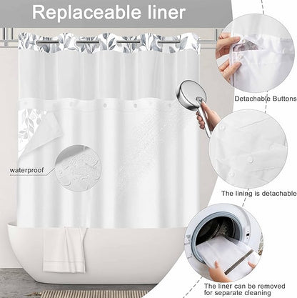 No Hook Shower Curtain and Liner Set, Blue Grey Eucalyptus Floral Shower Curtains for Bathroom, Bath Curtain Sets with Snap in Liner, Waterproof with See Through Top Window, 71x84 Inches
