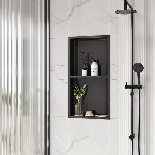 Neodrain 12X24 Inch Shower Niche, Gun Metal 2-Tier Stainless Wall Niche NO Tile Needed Recessed Cabinet for Bathroom Storage