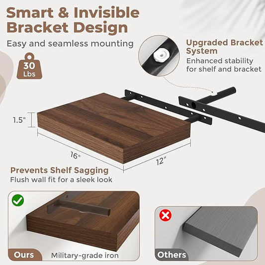 16 Inch Floating Shelves for Wall Set of 2, 12"D Wood Grain Bathroom Shelves with Invisible Brackets, Easy Install Engineered Wood Storage Shelves for Kitchen, Living Room, Bedroom, Walnut Finish