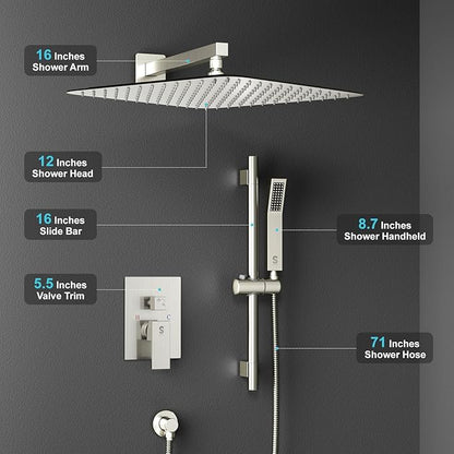 SR SUN RISE 12 Inch Square Shower System, Rain Shower Head and Slide Bar Handheld Shower Faucet Wall Mounted Combo Set Included Valve and Trim Kit for Bathroom, Brushed Nickel