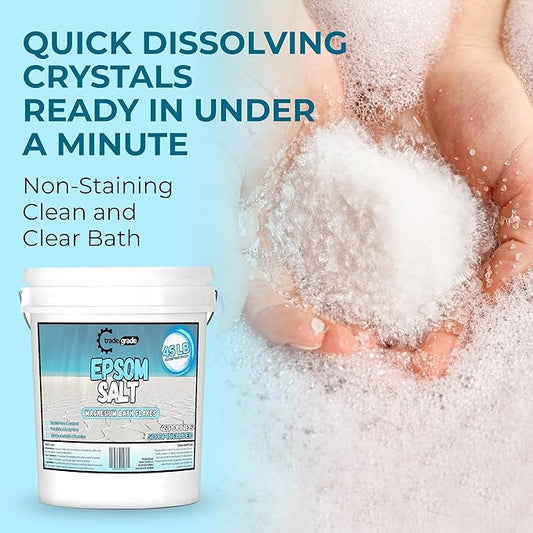 Epsom Salt Bath Soak 45 lb Bucket – Unscented, Pure Epsom Salt Bulk Crystals, Magnesium Sulfate for Full Body or Foot Soaks, Resealable Container with Scoop for Home Bath Use