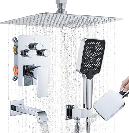 Bathtub Shower Faucet Set with Pressure Balance Valve, 12" Ceiling Mount Shower System with Tub Spout Multi-function Handheld Head Pressure Balancing Push Button Diverter Shower Trim Kit,Chrome