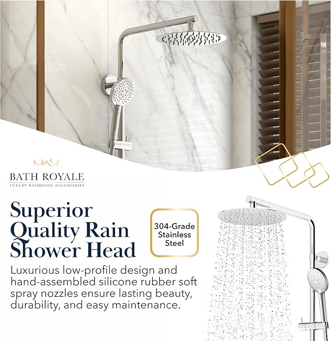 BATH ROYALE Rain Shower Head & Detachable Handheld Spray Combo, Easy Install & 3 Spray Modes, Matte Black