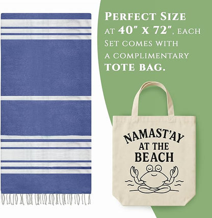 Turkish Cotton Beach Towel Pack of 4 & 1 Boho Tote Bag - Hammam Towels - No Shrink - Quick Dry - Lightweight - Sand Free - Camping - Pool - Beach Essentials - Blue,Gray,Purple, Green (40"x70")