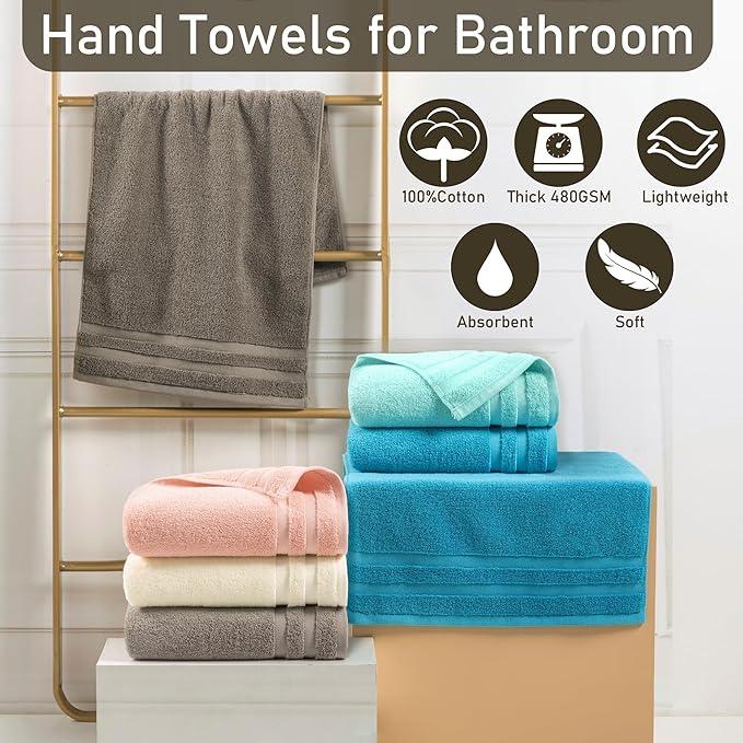 Cotton Hand Towels for Bathroom, Bath Hand Towels Set of 4 (14"x30") - Lightweight | Thick 480GSM | Soft | Absorb, Multicolor Towels for Showering & Guest Use, Brown + Pink + Turquoise + Yellow Mix