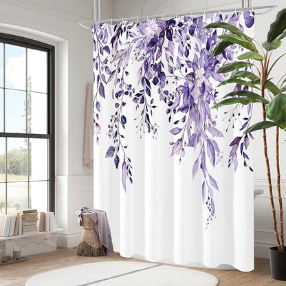 Gibelle Purple Eucalyptus Shower Curtain, Watercolor Plant Leaves with Floral Bathroom Shower Curtain Set, 72x72