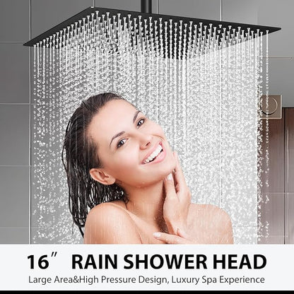 Rain Shower Head, 16 Inches Large Rainfall Shower Head, 304 Stainless Steel Made, Ceiling or Wall Mount, Waterfall Full Body Coverage, Ultra Thin, Matte Black