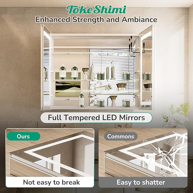 TokeShimi 30x26 Recessed Medicine Cabinet with Lights 3 Color Dimmable and Defogger, Led Medicine Cabinet Mirrored with Outlet Surface or Recessed, Bathroom Mirror with Storage Adjustable