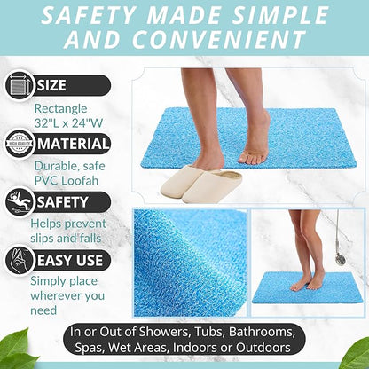 Enkosi Loofah Non-Slip Shower Mat - Shower Floors, Bathtub, Bathrooms, Wet Areas - Cushioned Bath Mat with Drain Holes - Quick Dry PVC, Secure Safety Pad Without Suction Cups (32x24 Aqua Blue)