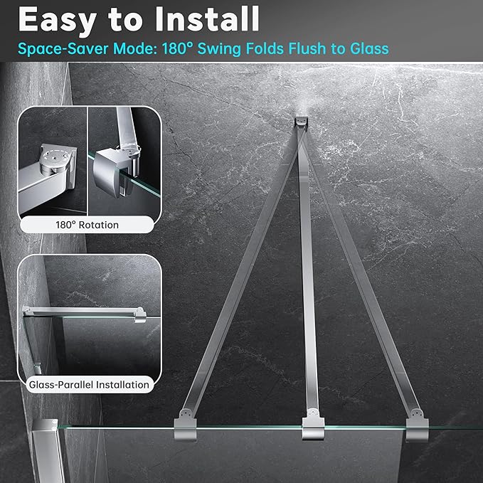 Frameless Shower Door Support Bar, Stainless Steel Wall-to-Glass Support Arm to Fixed Shower Glass Panel, for 1/4"-3/8" (6-10 mm) Door, 180° Pivot & Stow-Flat Mode (Chrome, 23.6-inch(600mm))