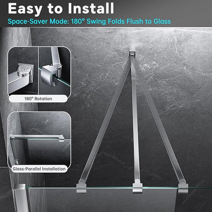 Frameless Shower Door Support Bar, Stainless Steel Wall-to-Glass Support Arm to Fixed Shower Glass Panel, for 1/4"-3/8" (6-10 mm) Door, 180° Pivot & Stow-Flat Mode (Chrome, 23.6-inch(600mm))