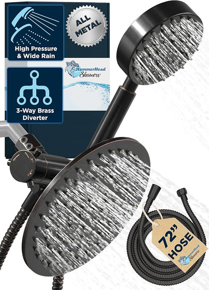 HammerHead Showers® Solid Metal Dual Shower Head Combo – OIL RUBBED BRONZE – 8 Inch Rainfall High Flow Shower Head & Handheld Shower Head High Pressure with Hose 6ft - Hotel-Like Double Shower Heads