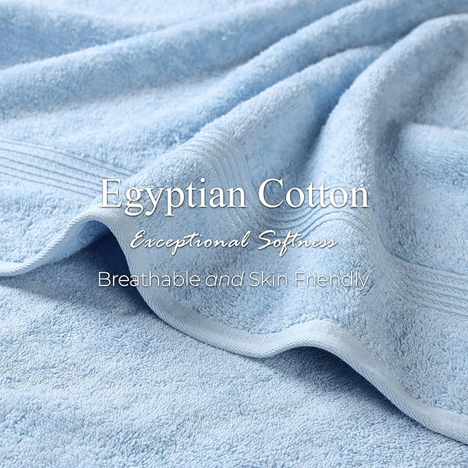 Superior Egyptian Cotton Bath Towel Set, Home Bathroom Towels, Master, Guest Bath, Decor Essentials, Quick Dry, Absorbent, Large Body Towels, Spa, Hotel, Resort, Adult, Kids, Set of 2, Light Blue