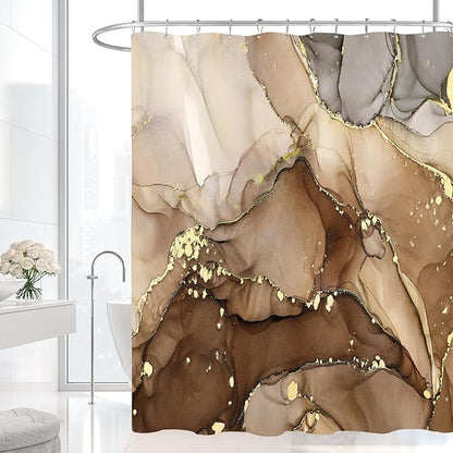 Long Shower Curtain 72 x 78 Inch, Tall Abstract Marble Shower Curtains for Bathroom Decor, Modern Luxury Art Decor Ink Texture Fabric Shower Curtain Set with Hooks, Brown