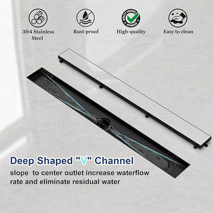 Neodrain 18-Inch Linear Shower Drain with Tile Insert Grate, Matte Black 304 Stainless Steel Rectangle Shower Floor Drain, Linear Drain with Leveling Feet, Hair Strainer