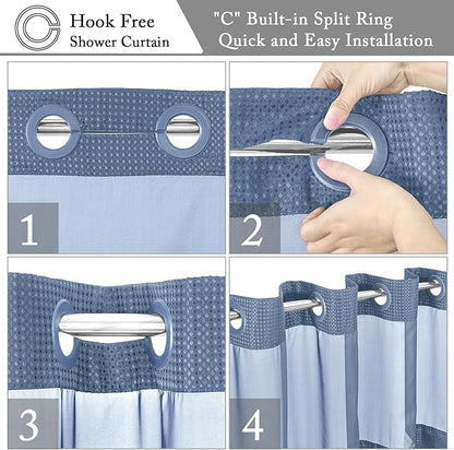 Gibelle Extra Long Shower Curtain 72x86, Waffle Weave Bathroom Shower Curtain with Snap-in Fabric Liner Set, No Hooks Needed, Hotel Style with Mesh Top Window, Moonlight Blue