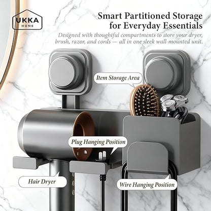 Suction Cup Hair Dryer Storage Organizer with Shelf & Hooks for Bathroom. Reusable, ABS Plastic, Rustproof, Wall Mounted. No Drill, No Glue, Nail Free (Gray, Standard)