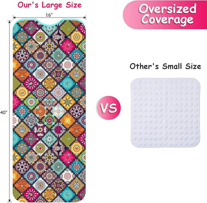 Bathtub Mat Non Slip, Bohemia Extra Long Bath tub Mat Shower Floor Mat with Suction Cups and Drain Holes for Adults Kids Elderly 40 X 16 Inch