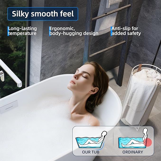 59'' Freestanding Bathtub, Deep Soaking Tub for Adults, Stand Alone Tub with Integrated Overflow Drain, cUPC Certified Modern Bathroom Tub, Acrylic, White