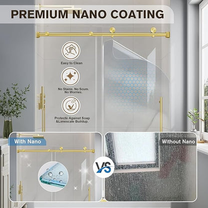 Frameless Glass Shower Door, 55-60" W x 76" H Sliding Frameless Shower Door, 1/4''(6mm) SGCC Tempered Glass, Explosion-Proof Film Nano Coating, Stainless Steel Hardware, Brushed Gold
