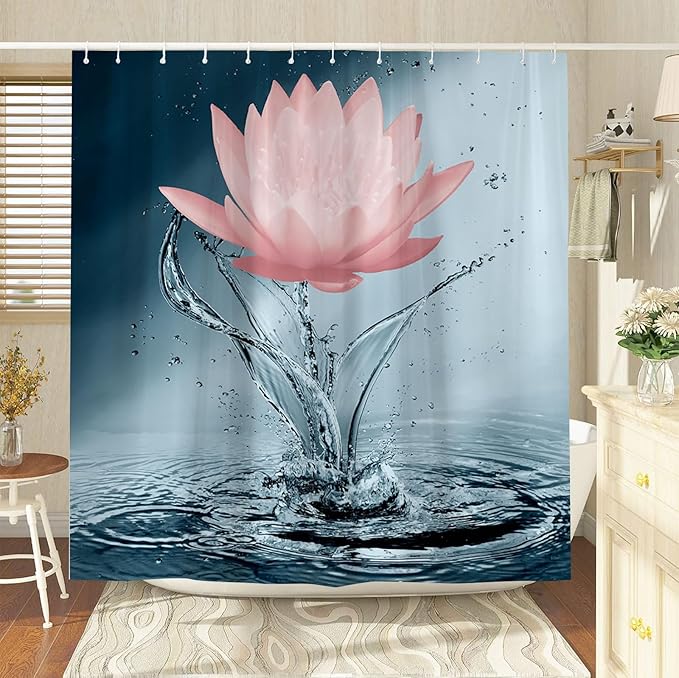Lotus Shower Curtain Blue Red Flower Elegant Blooming Floral with Dew Spring Flower Reflection on Water Modern Romantic Polyester Fabric Bathroom Decor 36×70 Inch with Hook