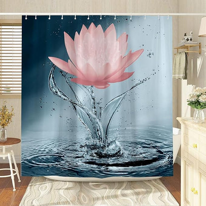 Lotus Shower Curtain Blue Red Flower Elegant Blooming Floral with Dew Spring Flower Reflection on Water Modern Romantic Polyester Fabric Bathroom Decor 36×70 Inch with Hook