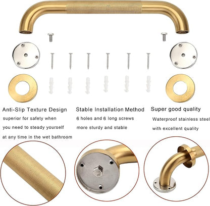 Shower Grab Bar, 2 Pack 24 Inch Gold Bathroom Grab Bar, 1.25" Diameter 304 Stainless Steel Anti-Slip Grab Bars for Bathtubs and Showers, Handicap Shower Grab Bar for Seniors Elderly