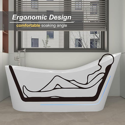 67" Freestanding Soaking Slipper Bathtub, WHALEKING Luxury Stand Alone Free Standing Deep Acrylic Tub with Chrome Overflow and Drain, Glossy White