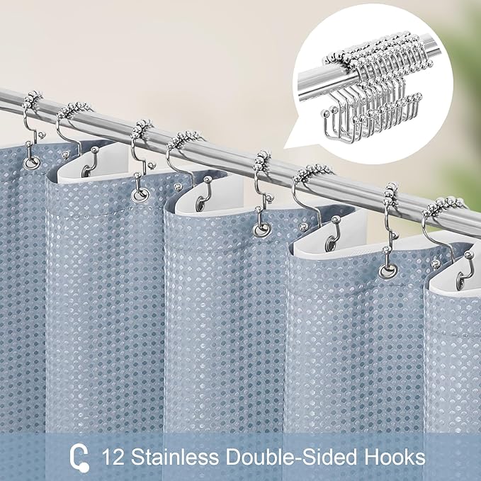 3 in 1 Shower Curtain Set, Fog Blue Waffle Shower Curtain and PEVA Liner Set with 12 Stainless Steel Shower Curtain Hooks, Waterproof Fabric Shower Curtains for Bathroom, 72 W x 72 H
