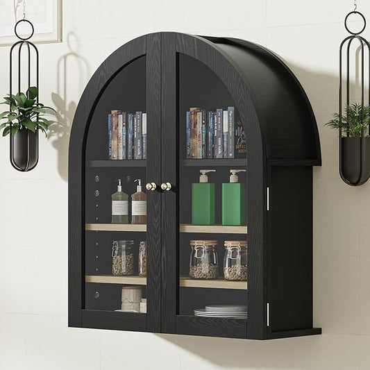 HOACT Arch Bathroom Wall Cabinet with Glass Door, 23.6" Above Toilet Storage Cabinet with Adjustable Shelves, Natural Medicine Cabinet for Kitchen, Laundry Room, Bedroom, Black