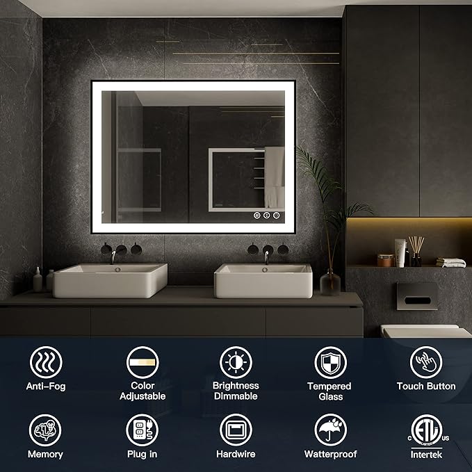 ISKM Framed LED Mirror for Bathroom 96"x36", Dimmable LED Bathroom Mirror with Lights, Anti-Fog, Front and Backlit Lighted Mirror 3-Colors, Shatterproof, Memory Function