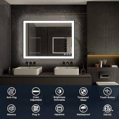 ISKM Framed LED Mirror for Bathroom 48"x32", Dimmable LED Bathroom Mirror with Lights, Anti-Fog, Front and Backlit Lighted Mirror 3-Colors, Shatterproof, Memory Function