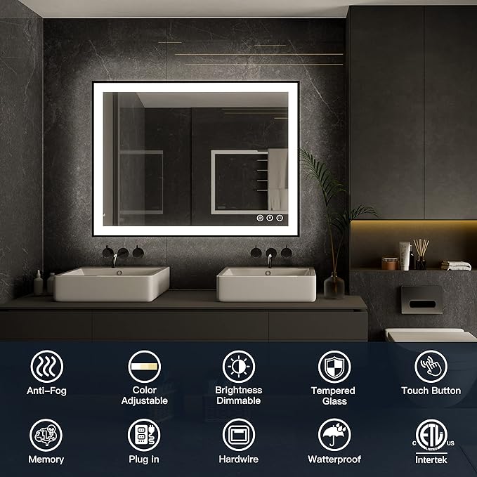 ISKM Framed LED Mirror for Bathroom 36"x30", Dimmable LED Bathroom Mirror with Lights, Anti-Fog, Front and Backlit Lighted Mirror 3-Colors, Shatterproof, Memory Function