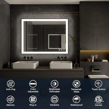 ISKM Framed LED Mirror for Bathroom 36"x30", Dimmable LED Bathroom Mirror with Lights, Anti-Fog, Front and Backlit Lighted Mirror 3-Colors, Shatterproof, Memory Function