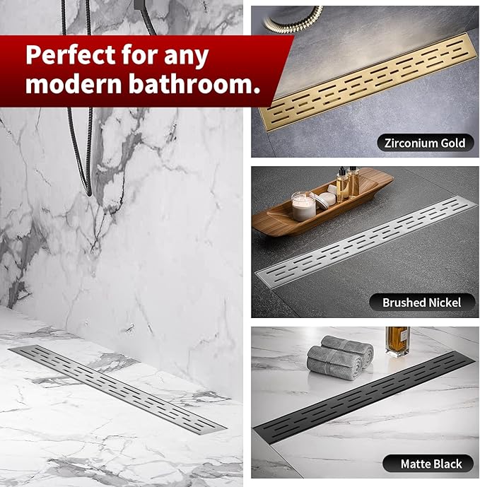 Sharp-tec Linear Shower Drain, 24 inch Shower Drain with Removable Pattern Cover, Brushed Nickel 304 Stainless Steel Rectangle Floor Drain, Adjustable Feet and Hair Strainer Included (Model 101)