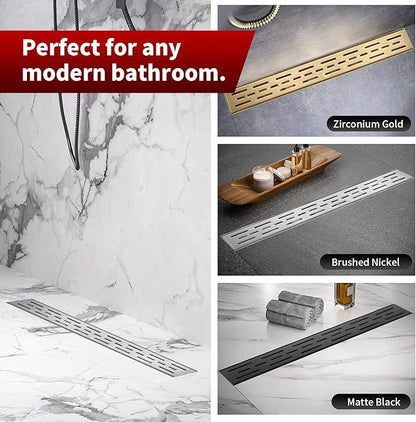 Sharp-tec Linear Shower Drain, 28 inch Shower Drain with Removable Pattern Cover, Brushed Nickel 304 Stainless Steel Rectangle Floor Drain, Adjustable Feet and Hair Strainer Included (Model 101)