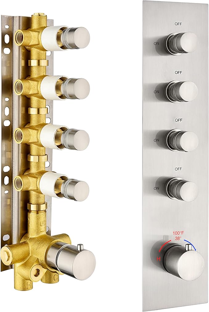 Brass Brushed-Nickel 4-Way Thermostatic Shower Diverter Valve - 4 Function Mixer with Individual On/Off Flow Control for Shower Arm & Kit