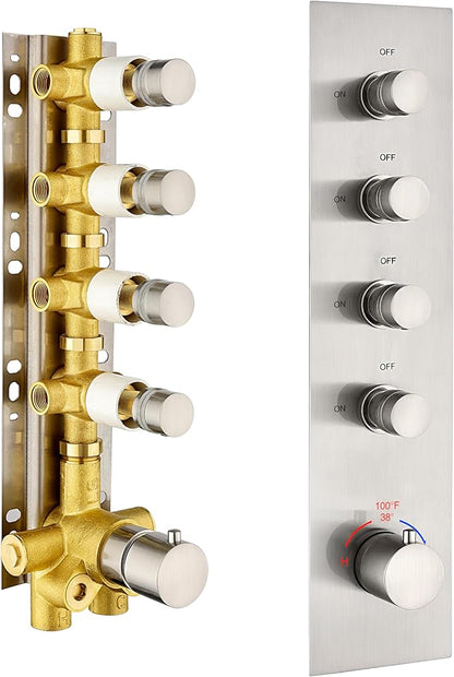 Brass Brushed-Nickel 4-Way Thermostatic Shower Diverter Valve - 4 Function Mixer with Individual On/Off Flow Control for Shower Arm & Kit