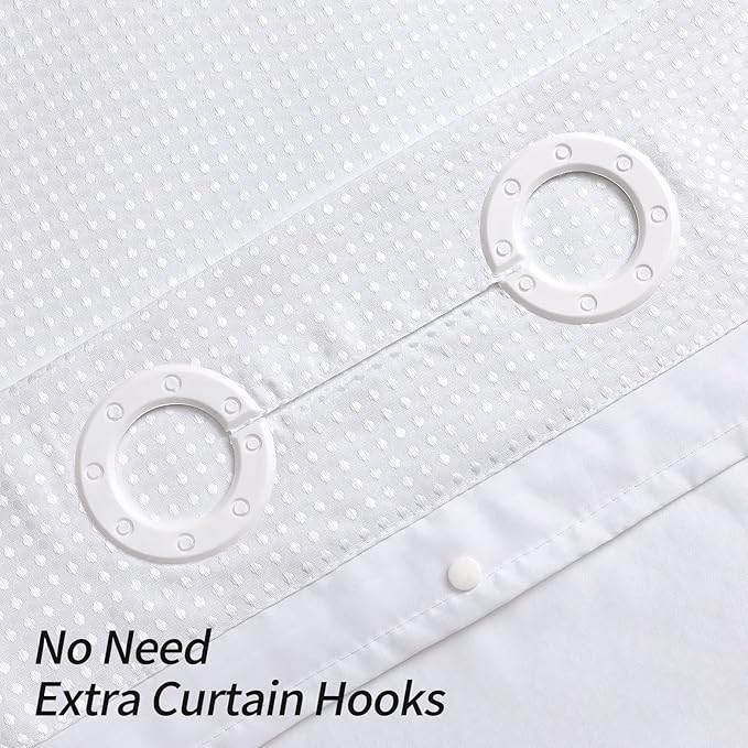 MitoVilla White Waffle Long Shower Curtain Liner Set 72 x 80, No Hooks Needed 80 inch Long Heavyweight Fabric Shower Curtain Set with Snap-in Liner for Hotel Grade Spa-Like Bathroom Decor