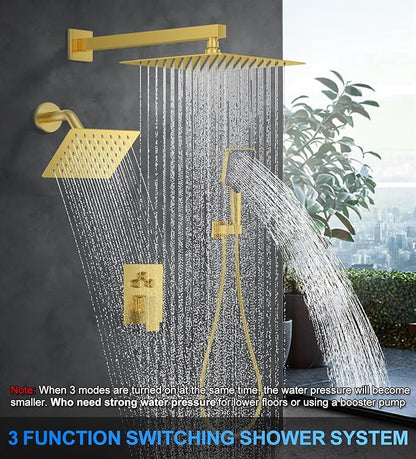 Shower Faucet Set, 10" Wall Mount Rainfall Shower System with 2 Rain Shower Head and Multi-function Handheld Head Push Button Diverter Shower Faucet Trim Kit Brushed Gold